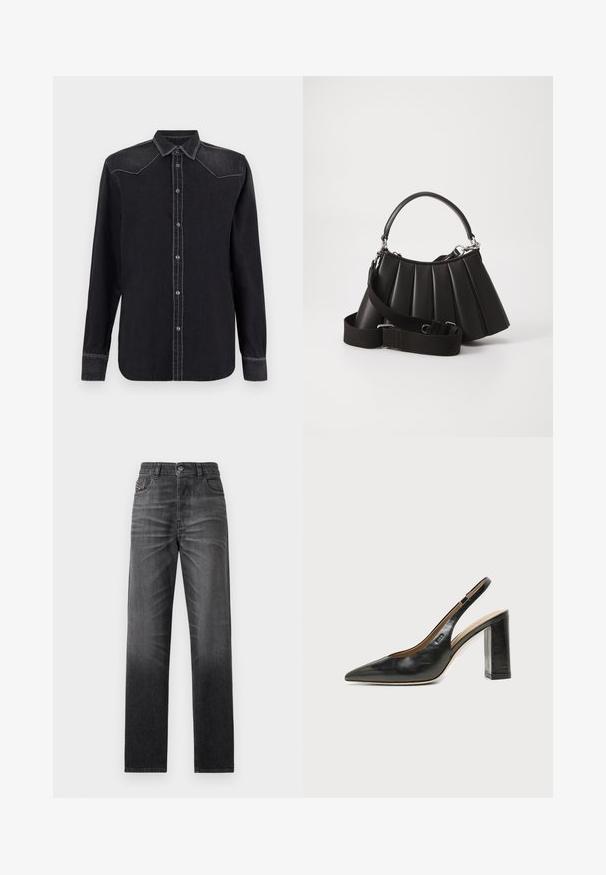Replay SHIRT - Hemdbluse - black; Schwarze Jeans aus Denim mit geradem Schnitt, fünf Taschen und dezentem Ausbleichen. Ausgestattet mit einem Knopfverschluss und einem gestickten Logo auf der Tasche.; Schwarzer Leder-Slingback-Schuh mit spitzer Kappe, hohem Blockabsatz und beigegefüttertem Innenraum vor hellem, einfarbigem Hintergrund.; Schwarze, gefaltete Handtasche mit einem runden Griff, verstellbarem Schulterriemen und glänzender Textur. Verfügt über silberne Hardware und eine strukturierte Silhouette.