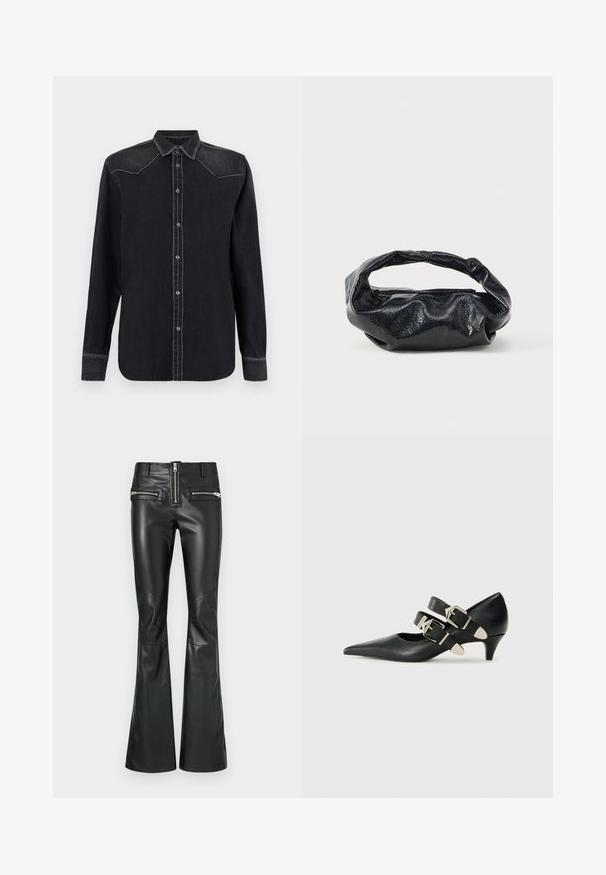 Replay SHIRT - Blusa - black; Pantalones acampanados de cuero negro con talle alto, que cuentan con dos bolsillos delanteros con cremallera y paneles en las rodillas para un diseño detallado.; Replay CECILE DOUBLE - Tacones - black; Bolso negro hecho de un material brillante y texturizado con un asa circular retorcida y un cierre de cremallera. Presenta un diseño suave y arrugado.
