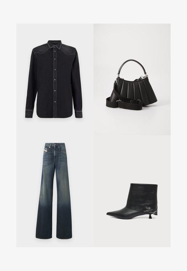 Replay SHIRT - Chemisier - black; Jean en denim à jambes larges de couleur bleu foncé avec une finition délavée, présentant un genou usé et un design classique à cinq poches avec une étiquette.; Bottine en cuir noir avec bout pointu, petit talon kitten et détail écrit argenté près du talon.; Sac à main plissé noir avec une poignée arrondie, une bandoulière réglable et une texture brillante. Présente des accessoires en argent et une silhouette structurée.