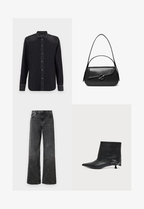 Replay SHIRT - Hemdbluse - black; Schwarz-weiße Jeans mit weitem Bein, einem verblichenen Finish, fünf Taschen und einem Knopfverschluss. Sie verfügen über Kontrastnähte und einen klassischen Bund.; Schwarzer Lederankle-Boot mit spitzer Zehe, kurzem kittenabsatz und silbernem Schriftzug in der Nähe der Ferse.; Schwarze Lederschultertasche mit einer geschwungenen Klappe, die durch einen runden Metallverschluss gesichert ist, und einem schlanken, verstellbaren Riemen.