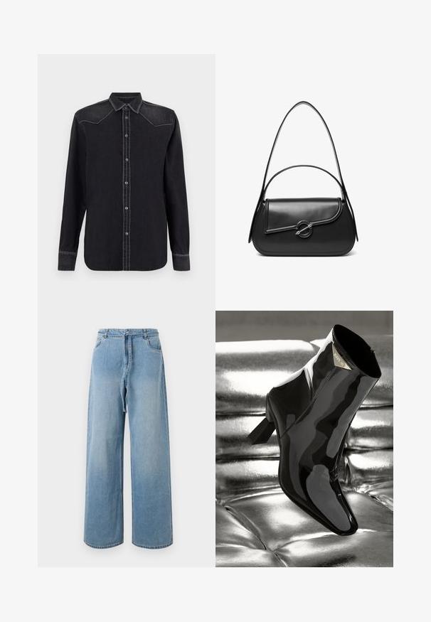 Replay SHIRT - Blusa - black; Jeans de mezclilla azul claro de pierna ancha con tiro alto, que cuentan con bolsillos frontales, un cinturón con lazo y una textura desgastada.; Botín de charol negro hasta el tobillo con punta afilada y tacón cuadrado. Cuenta con una placa de logo dorada y un acabado suave y brillante.; Bolso de hombro de cuero negro con una solapa curva asegurada por un broche metálico redondo y una correa delgada y ajustable.