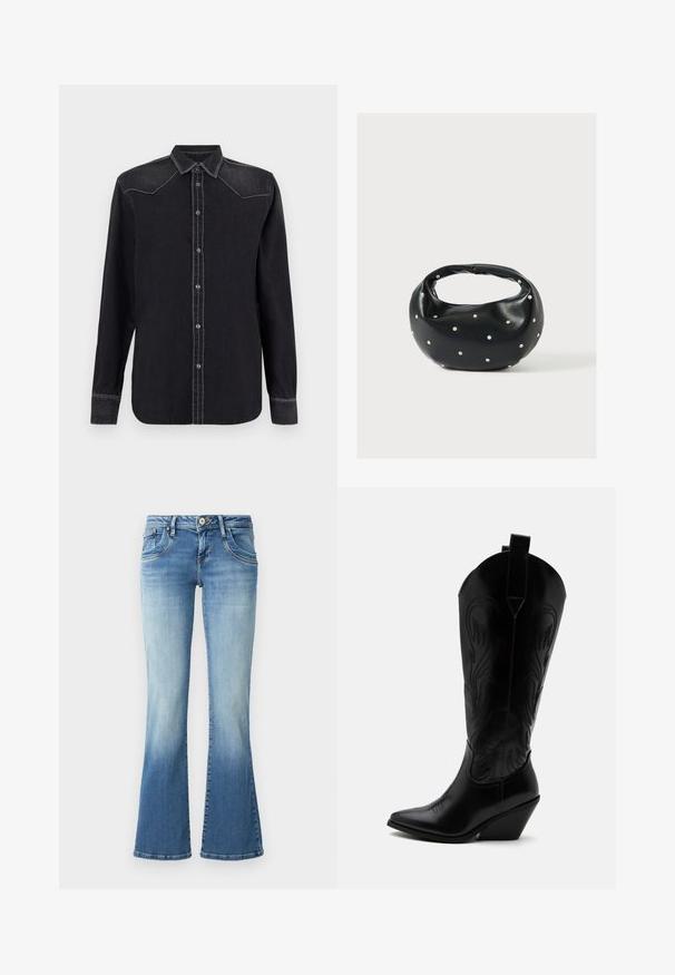 Replay SHIRT - Blusa - black; Jeans de mezclilla azul claro de corte acampanado con una cintura de altura media, que cuentan con cinco bolsillos, un ligero desgaste y detalles de costura a lo largo de las costuras.; Bota de vaquero de cuero negro con punta puntiaguda, tacón bloqueado inclinado, costuras decorativas y lengüetas en la parte superior sobre fondo blanco.; Bolso de mano de cuero negro con forma redondeada, decorado con detalles de tachuelas plateadas y un asa corta. Textura lisa y cierre con cremallera.