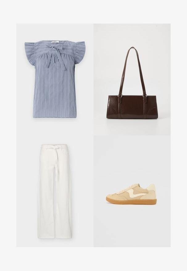 Blouse rayée bleu clair avec des manches courtes, dotée d'un nœud au niveau du col, présentant un tissu texturé et une coupe décontractée.; Pantalon blanc à jambes larges avec poches avant et ceinture en tissu nouée à la taille, présenté sur un fond uni.; Sneaker beige avec des matériaux en daim et en maille, forme arrondie, col rembourré proéminent et semelle en caoutchouc gomme. Présente un accent de design en forme de vague.; Sac à main en cuir verni marron de forme rectangulaire, avec deux longues poignées et des accents courbés subtils à l'avant.