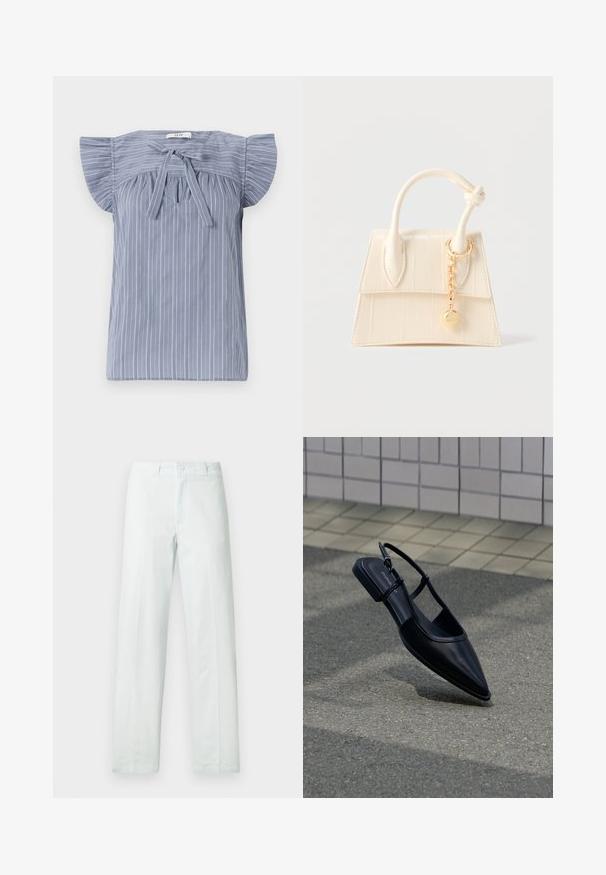 Lichtblauw gestreepte blouse met kapmouwen, voorzien van een strik bij de halslijn, gemaakt van een textuurstof en met een relaxte pasvorm.; Lichtblauwe katoenen broek met een rechte pijp, voorzien van een knoopsluiting en riemlussen. Gladde textuur, geen zichtbare patronen.; Zwarte platte schoen met puntige neus en slingback, zwevend boven een asfaltoppervlak naast een betegeld trottoir.; Kleine handtas in roomkleur met een bovenhandvat, knoopdetail en een gouden kettinghanger op een effen lichte achtergrond.