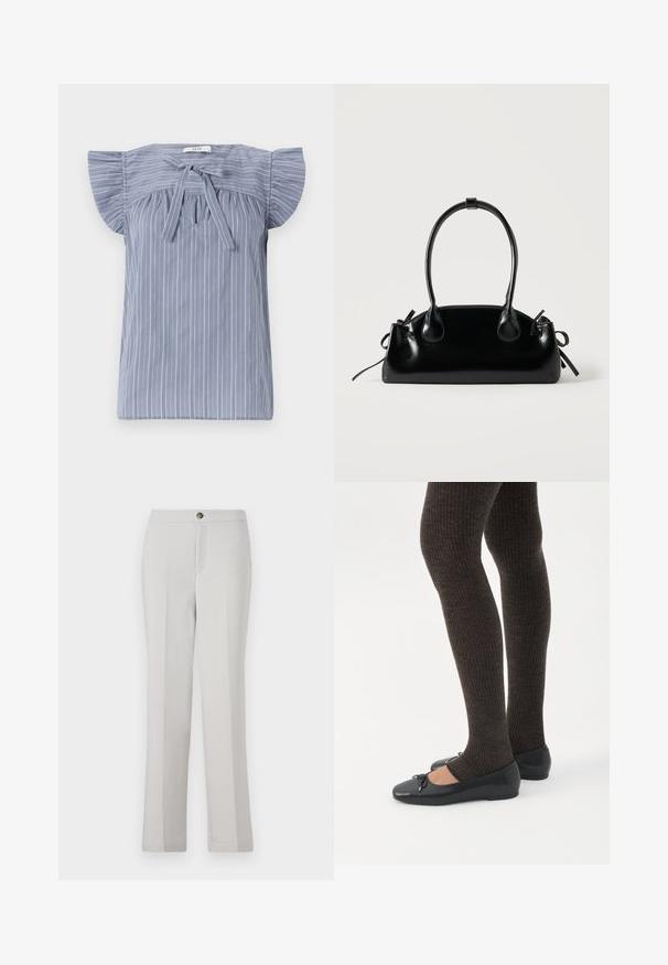 Blouse rayée bleu clair avec des manches courtes, dotée d'un nœud au niveau du col, présentant un tissu texturé et une coupe décontractée.; Pantalons droits gris clair en tissu lisse, avec une fermeture à bouton sur le devant, des poches latérales et une coupe ajustée.; Jambes portant des leggings côtelés foncés associés à des ballerines noires avec de petits détails en nœud sur fond blanc.; Petit sac à main noir brillant avec deux longues anses et des détails à cordon sur les côtés sur un fond clair uni.