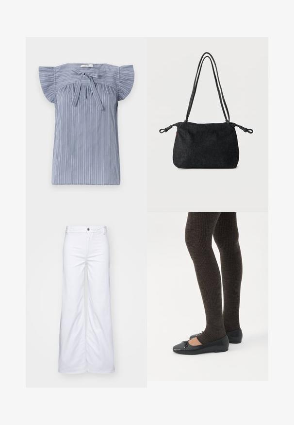 Lichtblauw gestreepte blouse met kapmouwen, voorzien van een strik bij de halslijn, gemaakt van een textuurstof en met een relaxte pasvorm.; Witte wijde denimbroek met een knoopsluiting en riemlussen. Helaas hebben ze een gladde textuur met nette stiksels en geen patronen.; Benen met donkere geribbelde leggings gecombineerd met zwarte ballerina's met kleine strikdetails op een witte achtergrond.; Zwarte denim schoudertas met dubbele koordbandjes en geknoopte uiteinden aan beide zijden, afgebeeld tegen een effen witte achtergrond.