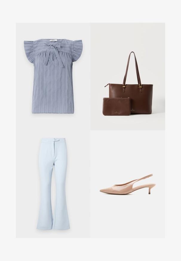 Lichtblauw gestreepte blouse met kapmouwen, voorzien van een strik bij de halslijn, gemaakt van een textuurstof en met een relaxte pasvorm.; Lichtblauwe uitlopende broek gemaakt van een gladde stof. Heeft een tailleband met riemlussen, twee voorkruipzakken en een nette afwerking bij de boorden.; Beige lakleren slingback schoen met puntige neus en lage kittenhak, in profiel afgebeeld tegen een witte achtergrond.; Bruine leren tas met bijpassend ritsvakje, beide met goudkleurige accessoires en een minimaal merklogo op een effen achtergrond.