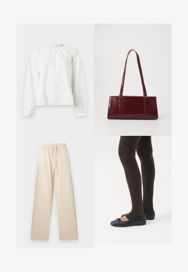 Blouse blanche à manches longues avec broderie florale subtile, encolure froncée et poignets élastiques sur les manches.; Pantalon beige à jambes larges avec taille élastique et cordon de serrage, ourlet droit, sans poches apparentes, présenté à plat sur un fond clair.; Jambes portant des leggings côtelés foncés associés à des ballerines noires avec de petits détails en nœud sur fond blanc.; Sac à main bordeaux en matériau brillant, de forme rectangulaire, avec deux anses et des accents légèrement courbés à l'avant.