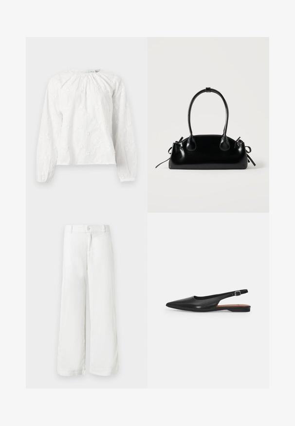 Blouse blanche à manches longues avec broderie florale subtile, encolure froncée et poignets élastiques sur les manches.; Pantalon blanc à jambes larges avec fermeture à boutons et à glissière, passants pour ceinture et poches latérales, présenté sur un fond blanc.; Chaussure slingback en cuir noir avec un bout pointu, un léger éclat et une bride de cheville réglable. Talon plat avec une semelle intérieure marron.; Petit sac à main noir brillant avec deux longues anses et des détails à cordon sur les côtés sur un fond clair uni.