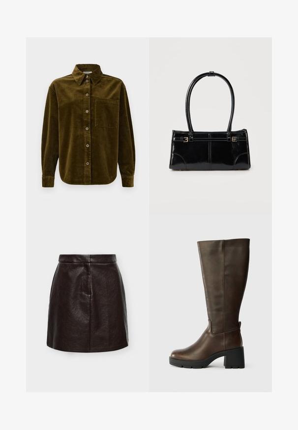 Chemise en velours côtelé vert olive foncé, avec un col, des boutons sur le devant et une poche sur la poitrine gauche. Texturée avec des rayures verticales.; Mini-jupe en simili cuir marron foncé avec une taille haute et une légère forme trapèze sur un fond clair uni.; Bottine en cuir marron jusqu'au genou avec un talon épais noir et une finition texturée. Présente un bout rond et des détails de couture latérale subtils.; Sac à main rectangulaire noir brillant avec deux fines bretelles et petits détails de boucles dorées à l'avant.