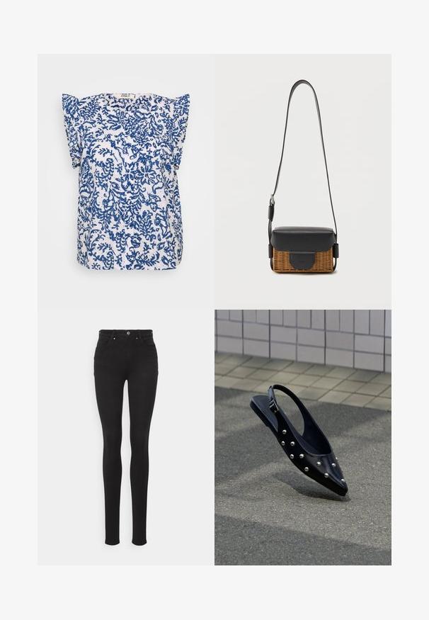 Blouse à manches courtes en tissu blanc avec un motif floral bleu, patte de boutonnage et accents de épaules froncés. Léger et respirant.; ONLY Tall ONLROYAL CUT - Jeans Skinny - washed black; Chaussure slingback noire à bout pointu avec des clous argentés, flottant au-dessus d'un bitume près d'un mur carrelé en arrière-plan.; Petit sac bandoulière rectangulaire avec base tissée marron, rabat en cuir noir et sangle réglable sur fond blanc.