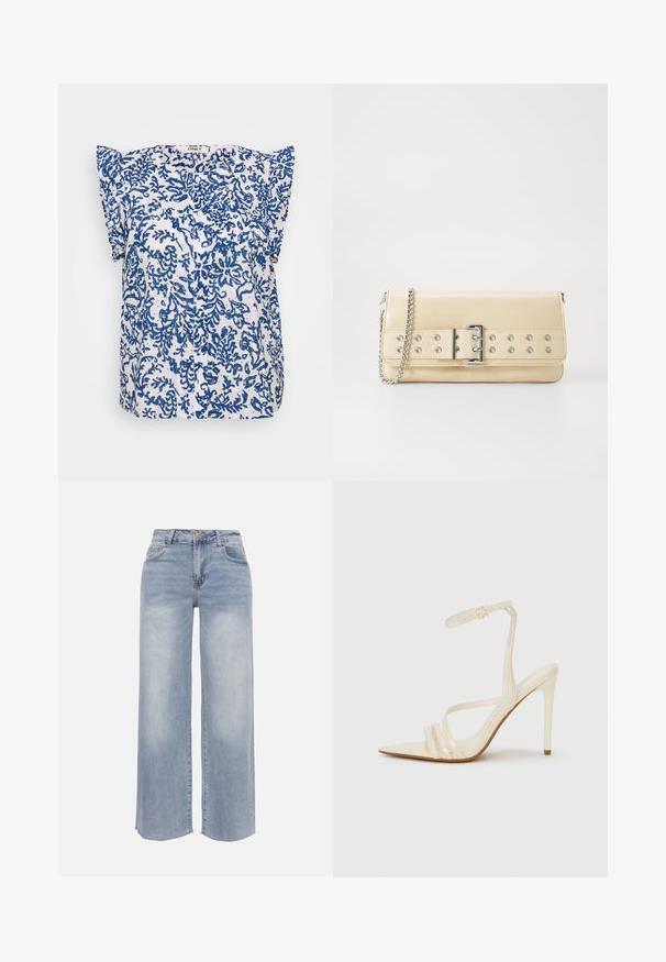 Blouse à manches courtes en tissu blanc avec un motif floral bleu, patte de boutonnage et accents de épaules froncés. Léger et respirant.; Jean denim bleu clair à jambes larges avec poches avant, passants pour ceinture, fermeture par bouton et détails délavés sur les cuisses et les genoux.; Sandales à talons hauts beiges avec un bout pointu, comportant trois brides à l'avant et une fine bride à la cheville avec une boucle. Texture lisse, design minimaliste.; Sac à main beige avec une large ceinture ornée d'œillets en argent et d'une boucle, et une chaîne en argent en fond blanc.
