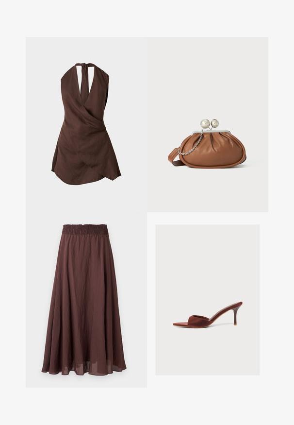 Καφέ αμάνικο φόρεμα με halter neck, εμπρόσθιο σχέδιο τύπου wrap και ασύμμετρο τελείωμα πάνω σε απλό φόντο.; Καφέ, μακριά φούστα σε σχήμα Α με ελαστική μέση με πιέτες και ελαφρύ, ελαφρώς τσαλακωμένο ύφασμα, παρουσιάζεται σε απλό φόντο.; Καφέ σατέν mule παπούτσι με ανοιχτό δάχτυλο, λεπτό μέτριο τακούνι και σχεδιασμό slip-on σε απλό ανοιχτό φόντο.; Καφέ δερμάτινη τσάντα συμπλέκτη με ασημένιο κούμπωμα και μικρή ασημένια αλυσίδα σε λευκό φόντο.