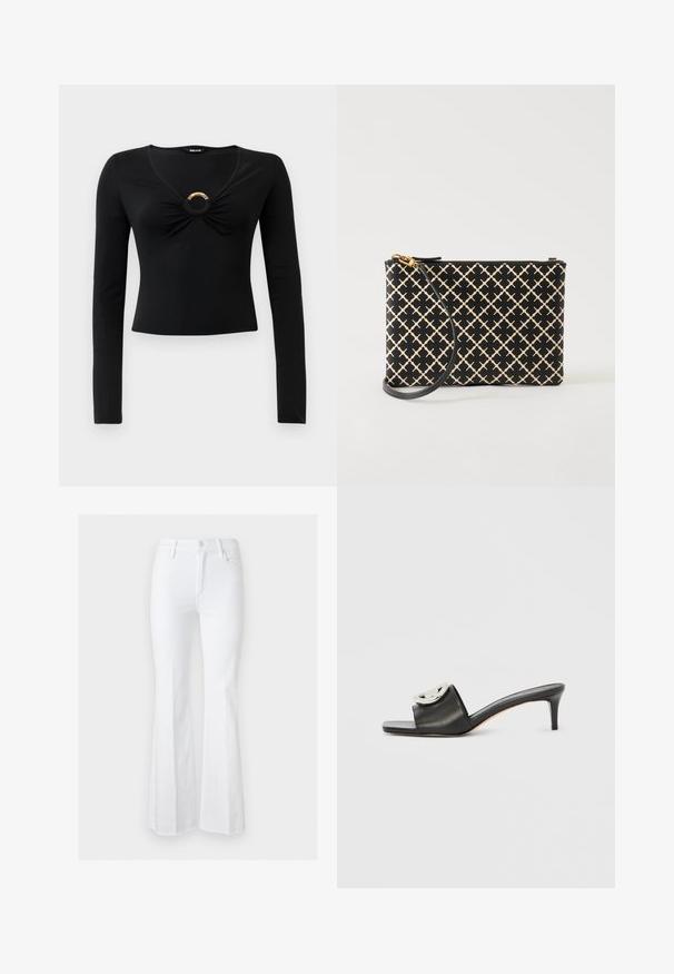 Sort langærmet bluse med V-hals, der har samlet stof ved brystet og en rund metallisk detalje i midten. Blødt, strækbart materiale.; Hvide jeans med høj talje med knap- og lynlåslukning, for- og baglommer og vide ben mod en ensfarvet lys baggrund.; Sort lædersandal med firkantet tå og mellemhøj hæl. Har en dekorativ metalaccent på remmen. Glat tekstur.; Sort og beige mønstret håndleds clutch med en guldfarvet lynlås og aftagelig sort rem, vist på en hvid baggrund.