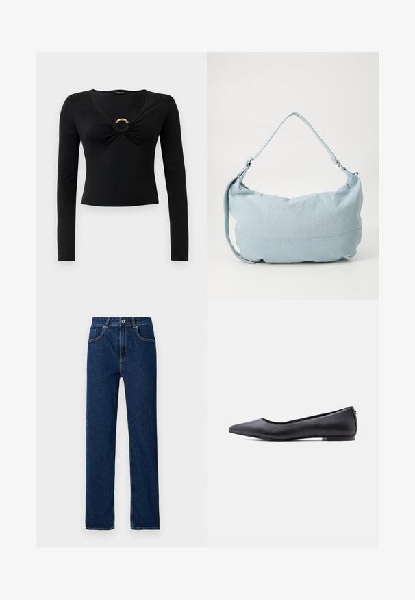 Sort langærmet bluse med V-hals, der har samlet stof ved brystet og en rund metallisk detalje i midten. Blødt, strækbart materiale.; Mørkeblå denim jeans med lige ben, fem-lomme design, synlig stikning og en metalknaplukning i taljen.; Sort flad lædersko med spidst tåparti og lav hæl, vist i sideprofil mod en hvid baggrund.; Lysblå denim skuldertaske i en rund form, justerbar rem og diskret syning langs den nederste kant. Blød tekstur.