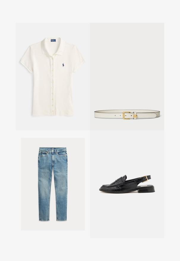 Off-white-värinen puuvillainen poolopaita, jossa on lyhyet hihat, kaulus ja napitus.; Vaaleansiniset slim fit -farkut, joissa viisi taskua ja napillinen sulkeminen, asetettuna vaakatasoon valkoisella taustalla.; Mustat slingback-kengät, jotka on valmistettu teksturoidusta nahasta. Kenkiä koristaa matala korko, koristeompeleet ja kultasävyinen solki.; Kermanvärinen nahkavyö, jossa on suorakulmainen kultasävyinen solki, koristeelliset tikkausvaikutteet ja pieni logo soljen läheisyydessä.