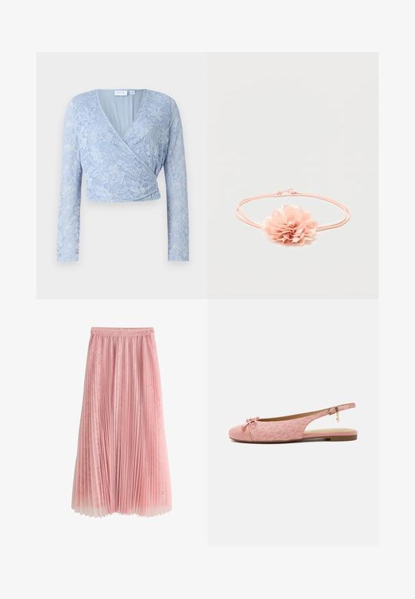 Svetlo modrý čipkovaný cropped top s výstrihom do V, dlhými rukávmi a prekladaným dizajnom. Obsahuje zložité kvetinové vzory a hladkú podšívku.; Ružová plisovaná midi sukňa s čipkovanou podšívkou a nariaseným pásom, zobrazená na bielom pozadí.; Ružový plochý slingback topánka z textúrovanej látky, mašľa na zaoblenom špičke, členkový remienok so zlatou prackou a ozdobou a nízka hnedá podrážka.; Ružová elastická čelenka s mäkkou látkovou kvetinou s viacvrstvovými okvetnými lístkami v strede na bielom pozadí.