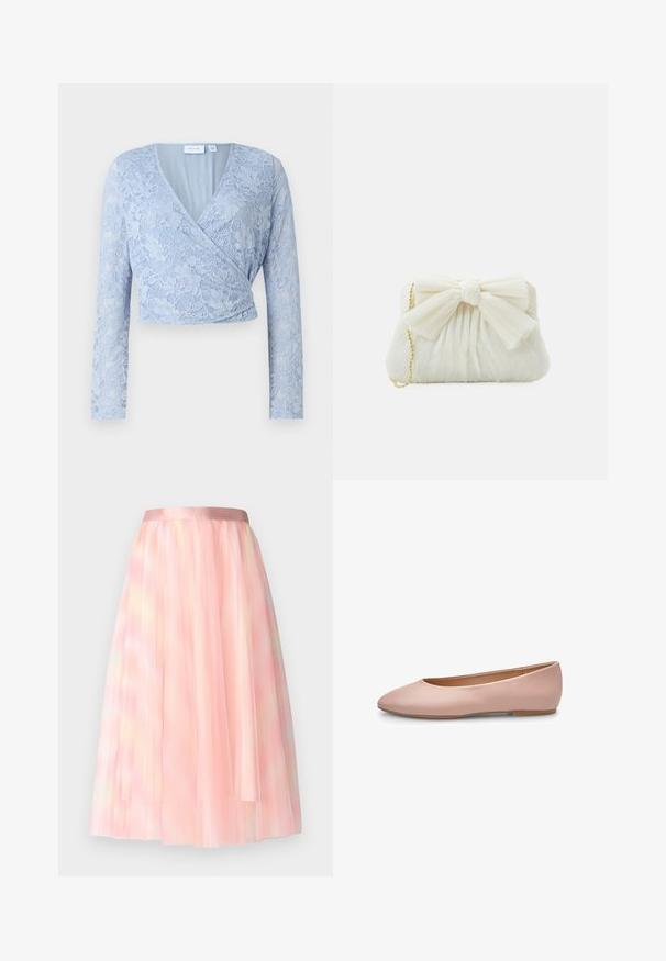 Heledsinine pitsist lühike top V-kaelusega, pika varrukaga ja eest kinnitatud disainiga. Omab keerukaid lillemustreid ja sileda sisemise voodriga.; Ida Sjöstedt FLAWLESS SKIRT - A-lõikeline seelik - pink; Roosa nahast baleriinsuss terava varbakujuga, sileda tekstuuri ja minimaalsete detailidega, tugeva helepruuni tallaga. Lihtne disain, ilma kaunistusteta.; Valge volditud klamberkott, millel on silmapaistev lipsu detail ja kuldne ketstrap. Pehme tekstuur ja kogutud disain ees.