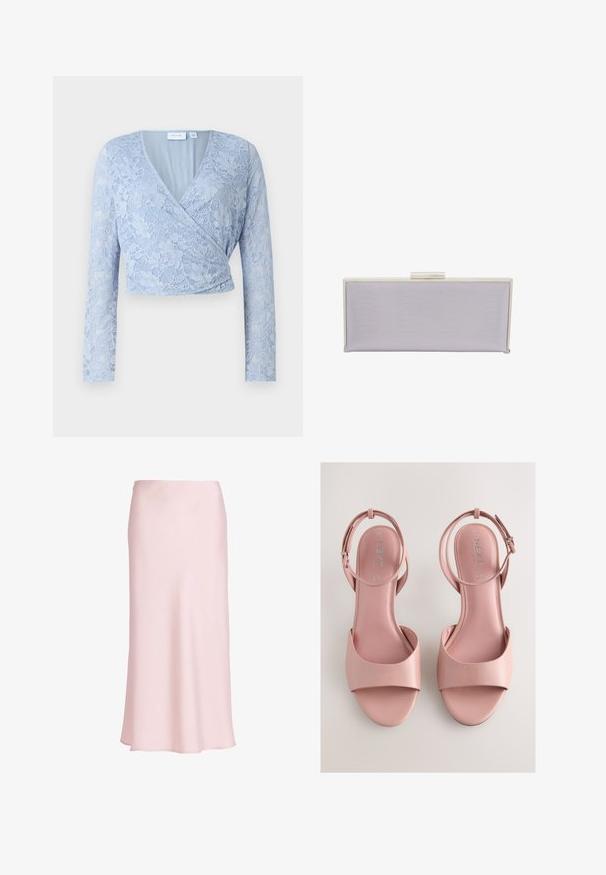 Svetlo modrý čipkovaný cropped top s výstrihom do V, dlhými rukávmi a prekladaným dizajnom. Obsahuje zložité kvetinové vzory a hladkú podšívku.; Svetloružová saténová midi sukňa s hladkou, prúdiacou textúrou a jednoduchým pásom, zobrazená na bielom pozadí.; Ružové kožené sandále s textúrou, so širokým predným pásikom a jedným pásikom okolo členku. Majú hladký povrch a nízky, široký podpätok.; Obdĺžniková levanduľová kabelka vyrobená z textúrovaného materiálu s hladkými hranami. Obsahuje strieborné zapínanie na klip na vrchu.