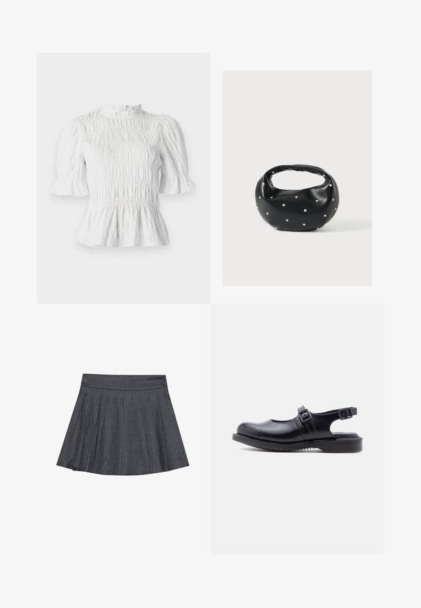 Hvid kortærmet bluse med samlet tekstur, flæsekrave og udvidede ærmer. Har en peplum-søm og elastisk talje.; Grå stribede skater nederdel med en tætsiddende talje, udformet i A-linje og en blød stofstruktur. Lodrette linjer øger den visuelle interesse.; Sort læder Mary Jane-stil sko med to justerbare spænde-remme og en tyk, rillet gummisål.; Sort læderhåndtaske med en rundet form, dekoreret med sølvnitter, og et kort håndtag. Glat tekstur og lynlåslukning.