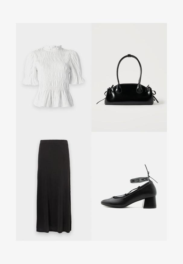 Blusa blanca de manga corta con textura fruncida, escote volante y mangas acampanadas. Cuenta con un dobladillo peplum y cintura elástica.; Falda maxi negra hecha de tejido suave, con una silueta recta y una abertura lateral, textura lisa y cinturilla elástica.; Zapato negro de piel con tacón medio, punta afilada, tiras cruzadas y atadura alrededor del tobillo sobre fondo blanco.; Pequeño bolso negro brillante con dos asas largas y detalles de cordón lateral sobre un fondo claro liso.
