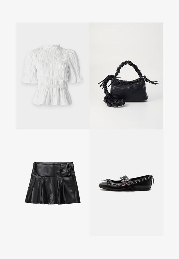Blusa blanca de manga corta con textura fruncida, escote volante y mangas acampanadas. Cuenta con un dobladillo peplum y cintura elástica.; Falda de cuero negro con pliegues, cinturilla ancha y dos hebillas en el lateral. Textura suave con un acabado brillante.; Zapato de ballet plano negro con correas de doble hebilla, ojales plateados y un pequeño lazo cerca de la puntera redondeada sobre un fondo blanco.; Bolso de mano de imitación cuero negro con textura de cocodrilo, parte superior fruncida y correa arrugada. Presenta un diseño suave y compacto.