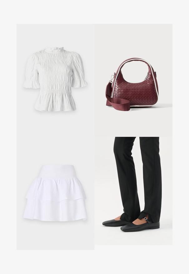 Witte blouse met korte mouwen, voorzien van geplooide textuur, gerimpelde halslijn en uitlopende mouwen. Heeft een peplumzoom en een elastische taille.; Witte gelaagde rok van lichtgewicht stof, met een zwierige uitstraling, een elastische tailleband en twee gerimpelde lagen.; Benen met zwarte smalle broek met voorsplitten aan de zoom, gecombineerd met zwarte platte Mary Jane-schoenen met een klein gespje.; Donkerrode geweven leren handtas met gebogen handvat, witte bies, zilveren rits en afneembare brede stoffen schouderriem tegen een effen achtergrond.