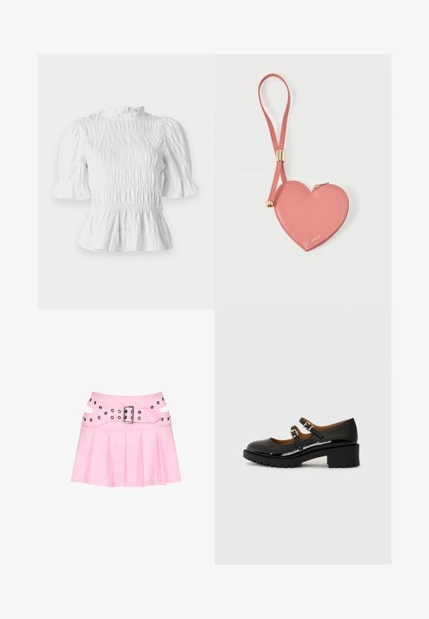 Blusa blanca de manga corta con textura fruncida, escote volante y mangas acampanadas. Cuenta con un dobladillo peplum y cintura elástica.; Minifalda plisada rosa con cinturilla ancha de doble capa, hebilla plateada y múltiples ojales para sujeción y decoración.; Zapatos Mary Jane de charol negro con dos correas ajustables, puntera redonda y tacón de goma grueso con un patrón de firmeza texturizado.; Monedero de cuero rosa en forma de corazón con correa para la muñeca y cremallera dorada, con la marca "Furla" en pequeño texto dorado.