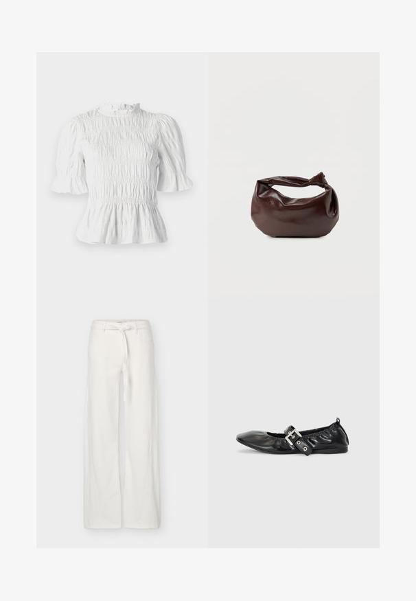 Blusa blanca de manga corta con textura fruncida, escote volante y mangas acampanadas. Cuenta con un dobladillo peplum y cintura elástica.; Pantalones blancos de pierna ancha con bolsillos delanteros y cinturón de tela anudado en la cintura, exhibidos sobre un fondo liso.; Zapato plano de piel negra con puntera afilada, detalle fruncido alrededor de la abertura y un acento de hebilla plateada en la correa ajustable.; Bolso de hombro de cuero marrón oscuro con una forma suave y caída, y un asa con nudo torcido sobre un fondo blanco liso.