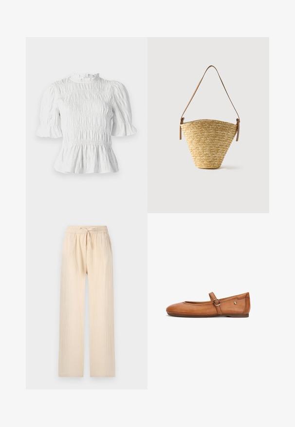 Hvid kortærmet bluse med samlet tekstur, flæsekrave og udvidede ærmer. Har en peplum-søm og elastisk talje.; Lys beige vidde bukser lavet af blødt, letvægtsstof. Elasticumbånd med snøre. Struktureret overflade og løs pasform.; Brun læder Mary Jane flad sko med justerbar spænde rem og lav hæl, set fra siden på hvid baggrund.; Flettet stråtaske med bred bund, smal top og justerbar brun læder skulderrem.