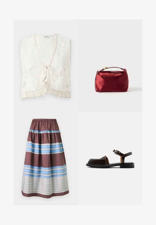 Top sans manches en dentelle blanche avec motifs floraux, col en V, fermeture à nouer devant et détail plissé à l'ourlet.; Jupe longue à rayures horizontales bordeaux, bleu clair et blanc, avec une taille élastiquée et un détail volanté près du haut.; Sandale plate en cuir marron foncé à bout ouvert, avec bride à la cheville et boucle argentée, petit talon, et empeigne fermée avec détails ajourés.; Trousse de maquillage en satin bourgogne de forme rectangulaire, avec fermeture éclair et une poignée courte. Présente un design minimaliste et une texture lisse.