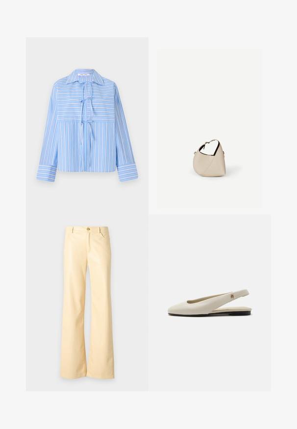 Blouse à rayures bleu avec un col, détail de nœud à l'avant et manches longues. Présente des rayures alternées claires et foncées dans un tissu lisse.; Pantalons évasés en jaune pâle, en matériau lisse et brillant. Comprend un bouton avant, deux poches latérales et une coupe droite.; Chaussure plate slingback en cuir couleur crème avec un bout arrondi et un petit emblème doré sur la bride.; Sac à main en cuir beige en forme de croissant avec une seule bandoulière et des coutures minimalistes, posé sur un fond blanc uni.
