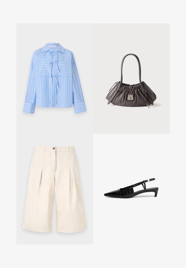 Blouse à rayures bleu avec un col, détail de nœud à l'avant et manches longues. Présente des rayures alternées claires et foncées dans un tissu lisse.; Shorts plissés beiges en coton. Dotés d'une fermeture à bouton et de jambes larges. Texture lisse avec des détails de couture soignés.; Chaussure noire à talon ouvert avec un bout pointu, fabriquée en simili-cuir texturé crocodile. Présente un talon fin et une bride de cheville ajustable.; Sac à main en cuir gris foncé avec côtés froncés, deux bretelles, un fermoir métallique à l'avant marqué Marc Jacobs, et des compartiments latéraux zippés.