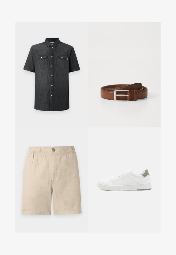 Chemise noire en denim à manches courtes avec deux poches avant à rabat et des boutons-pression blancs au centre.; Shorts en coton beige avec ceinture élastique, fermeture par bouton et détail de couture à l’avant sur fond blanc.; Basket blanche en cuir lisse, à bout arrondi, design minimaliste, accent de talon gris et semelle en caoutchouc texturé.; Ceinture en cuir brun au fini lisse, avec une boucle en métal argenté et une couture subtile le long des bords. Design classique et durable.