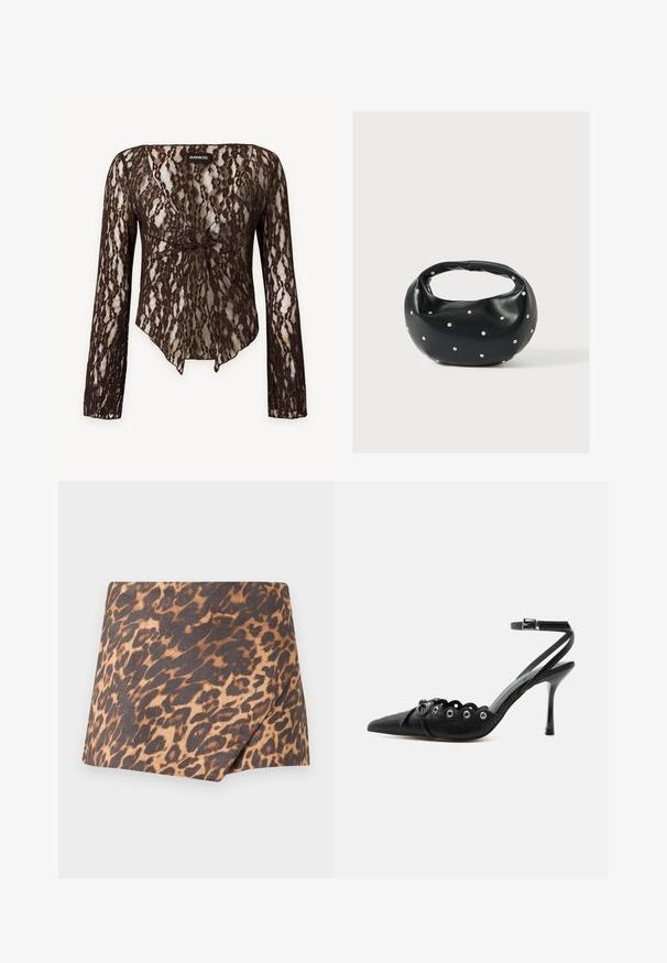 Brun blond blonden bluse med blomsterprint, knude foran og bølget kant fra mærket Even&Odd.; Mini nederdel med leopardprint, diagonalt overlap foran, brun og sort mønster på tan stof, lige kant.; Sort spids hæl med bølgede kanter, metaløjer, snørelukning foran og ankelrem med spænde.; Sort læderhåndtaske med en rundet form, dekoreret med sølvnitter, og et kort håndtag. Glat tekstur og lynlåslukning.
