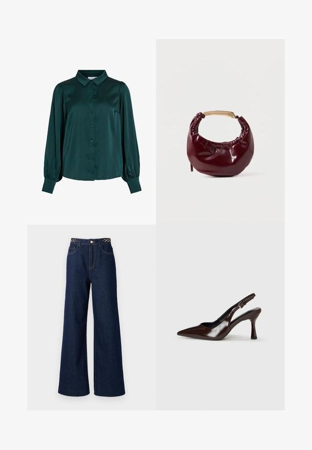 Dunkelgrüne Satinbluse mit kragen, Knöpfen auf der Vorderseite und puffärmeln. Sie hat eine glatte Textur und eine figurbetonte Silhouette.; Weite dunkelblaue Denim-Jeans mit hoher Taille, goldenen Kettenakzenten am Bund und kontrastierenden Nähten.; Braune lackleder Slingback-Absätze mit spitzem Zehen, einem dünnen Absatz und einem verstellbaren Riemen mit einer kleinen Schnalle.; Burgunderfarbene Kunstleder-Handtasche mit runder Form, gerafften Details und einem goldfarbenen Metallgriff. Glatte Textur und glänzende Oberfläche.