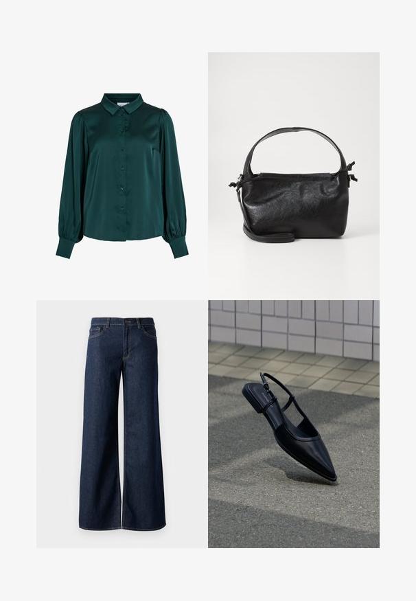 Mørkegrøn satinbluse med krave, frontknapper og puflange ærmer. Har en glat tekstur og en tætsiddende silhuet.; Bredde ben jeans i mørkeblå denim. Har kontrastsyninger, fem lommer og en knaplukning i taljen. Glat tekstur.; Sort slingback-flad sko med spids tå, svævende over en asfaltflade ved siden af en flisebelagt fortov.; Sort læderhåndtaske med et struktureret design, rund tophåndtag og aftagelig skulderrem. Den har en glat tekstur og en subtil glans.