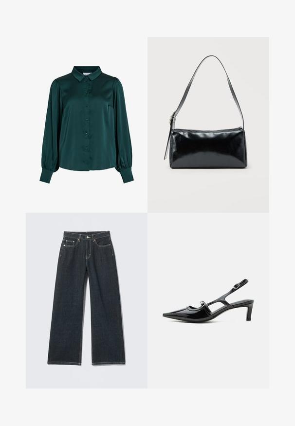 Dunkelgrüne Satinbluse mit kragen, Knöpfen auf der Vorderseite und puffärmeln. Sie hat eine glatte Textur und eine figurbetonte Silhouette.; Dunkelblaue Jeans mit weitem Bein, vorn mit Knöpfen, Reißverschluss, Gürtelschlaufen und fünf Taschen, auf hellem einfarbigem Hintergrund.; Schwarzer Slingback-Schuh aus Lackleder mit spitzer Kappe, niedrigem Absatz und zwei verstellbaren Schnallenriemen, seitlich dargestellt.; Schwarze rechteckige Schultertasche mit einem verstellbaren Riemen und einem oberen Reißverschluss vor einfachem Hintergrund.