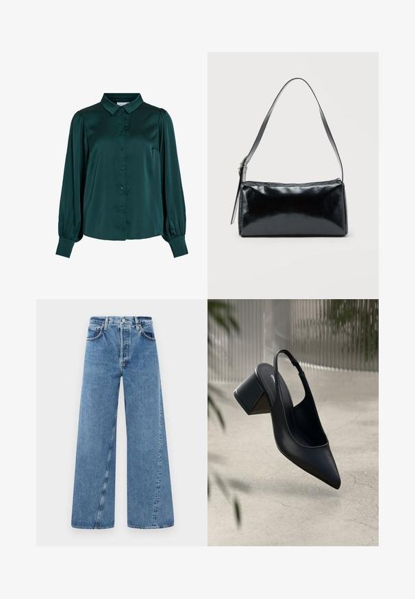 Blusa de satén verde oscuro con cuello tipo americana, botones en el frente y mangas largas abullonadas. Presenta una textura suave y una silueta entallada.; Jeans de mezclilla azul de pierna ancha con una cintura alta, cierre de botones y bolsillos delanteros. La tela tiene una textura sutil y un acabado desgastado.; Zapato de tacón slingback de cuero negro con punta afilada y tacón cuadrado. Textura suave, diseño minimalista y correa ajustable en el tobillo.; Bolso de hombro rectangular negro con una correa ajustable y un cierre de cremallera superior sobre un fondo liso.