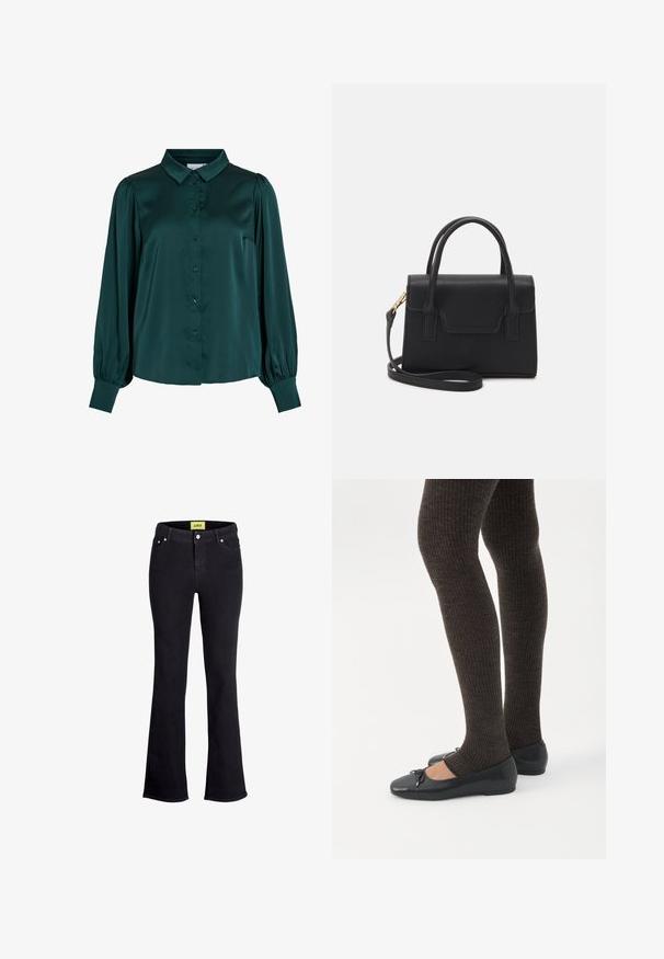 Blusa de satén verde oscuro con cuello tipo americana, botones en el frente y mangas largas abullonadas. Presenta una textura suave y una silueta entallada.; Pantalones vaqueros acampanados de mezclilla negra con un diseño estándar de cinco bolsillos, que cuentan con un cierre de botón y cremallera y una etiqueta de marca amarilla contrastante en la cintura.; Piernas con leggings oscuros acanalados combinados con bailarinas negras que presentan pequeños detalles de lazo sobre un fondo blanco.; Bolso estructurado negro de cuero con un asa superior, correa de hombro desmontable y un detalle de tapa en la parte frontal. Acentos en dorado.
