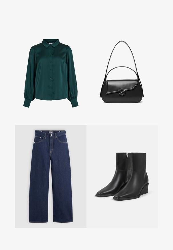 Mørkegrøn satinbluse med krave, frontknapper og puflange ærmer. Har en glat tekstur og en tætsiddende silhuet.; Mørkeblå denim brede ben jeans med høj talje, der har fem lommer, bæltestropper og detaljer med kobber stikninger. Glat tekstur.; Par sorte læderankelstøvler med spidse tæer, kilehæle og sidelukkede lynlåse på en ensartet lys baggrund.; Sort skuldertaske i læder med en buet klap, der er fastgjort med en rund metal spænde, og en slank, justerbar rem.