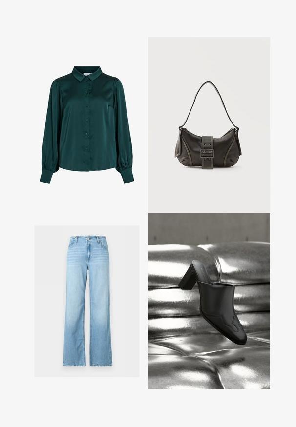 Dunkelgrüne Satinbluse mit kragen, Knöpfen auf der Vorderseite und puffärmeln. Sie hat eine glatte Textur und eine figurbetonte Silhouette.; Hellblaue Jeans mit weitem Bein, vorderem Knopf und Reißverschluss, Gürtelschlaufen und Fünf-Taschen-Design.; Schwarzer Leder-Mule mit Blockabsatz, der auf einer glänzenden silbernen, gepolsterten Oberfläche liegt und sein schlankes Design sowie die geschwungenen Details hervorhebt.; Schwarze Leder-Schultertasche mit Schnallengurt-Detail, abgerundeten Kanten und kontrastierenden weißen Nähten auf schlichtem Hintergrund.