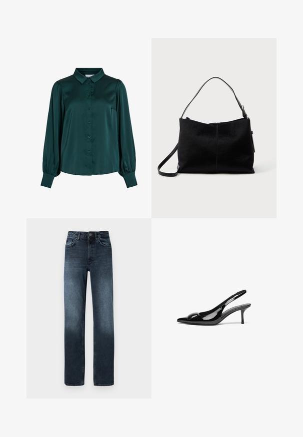 Mørkegrøn satinbluse med krave, frontknapper og puflange ærmer. Har en glat tekstur og en tætsiddende silhuet.; Mørkeblå denim jeans med lige ben, fem lommer og lukning med frontknap. Har falmede detaljer nær kanten.; Sorte laklæder slingback hæle med spidse tæer og en blank finish. Har en slank hæl og en rund detalje ved vampen.; Sort skuldertaske med en glat, tekstureret overflade, prydet med en enkelt rem og en lynlåslukning øverst. Kompakt rektangulær form.
