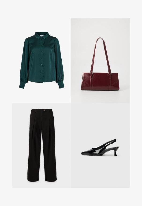 Donkergroene satijnen blouse met een kraag, knopen aan de voorkant en vermoedelijke lange mouwen. Heeft een gladde textuur en een getailleerde pasvorm.; Zwarte broek met hoge taille en brede pijpen, met plooien aan de voorkant, riemlussen en één bruine knoopsluiting aan de taille.; Zwarte lakleren slingback schoenen met een spitse neus en een lage blokhak. Verstelbare gespband bij de enkel.; Bourgondische handtas van glanzend materiaal, rechthoekige vorm, met twee schouderbanden en subtiele gebogen accenten aan de voorkant.