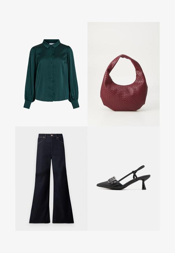 Blusa de satén verde oscuro con cuello tipo americana, botones en el frente y mangas largas abullonadas. Presenta una textura suave y una silueta entallada.; Vaqueros de mezclilla índigo oscuro de talle alto con corte ancho y acampanado, botón delantero, cierre de cremallera y dos bolsillos delanteros con remaches de cobre.; Simmi London DALA - Tacones - black; Bolso de mano burdeos tejido con una silueta redondeada, un solo asa y un acabado texturizado. Cierre con cremallera en la parte superior.