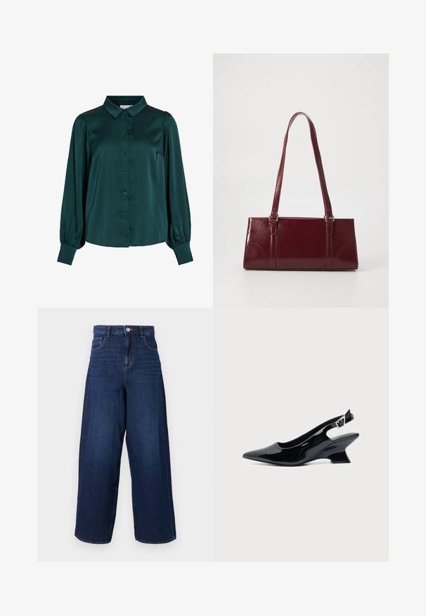 Dunkelgrüne Satinbluse mit kragen, Knöpfen auf der Vorderseite und puffärmeln. Sie hat eine glatte Textur und eine figurbetonte Silhouette.; Hellblaue weite Denim-Jeans mit hoher Taille, fünf Taschen und einem Knopfverschluss. Der Stoff hat eine glatte Textur mit dezentem Verblassen.; Schwarzer Slingback-Schuh aus Lackleder mit spitzer Spitze und niedrigem, schrägem Blockabsatz auf einfachem hellem Hintergrund.; Burgunderfarbene Handtasche aus glänzendem Material, rechteckige Form, mit zwei Schulterriemen und subtilen, geschwungenen Akzenten an der Vorderseite.