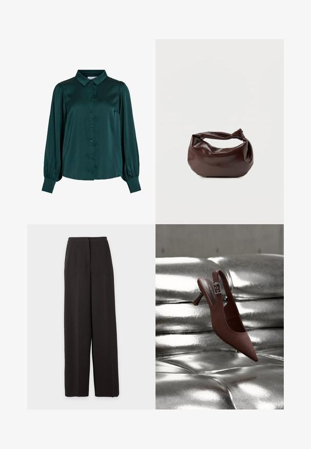 Blusa de satén verde oscuro con cuello tipo americana, botones en el frente y mangas largas abullonadas. Presenta una textura suave y una silueta entallada.; Pantalones negros de cintura alta y pernera ancha con frente plano y cierre oculto, mostrados sobre un fondo liso y claro.; Zapato slingback marrón con punta, tacón bajo y correa con hebilla, reposando sobre una superficie acolchada plateada metálica y brillante.; Bolso de hombro de cuero marrón oscuro con una forma suave y caída, y un asa con nudo torcido sobre un fondo blanco liso.