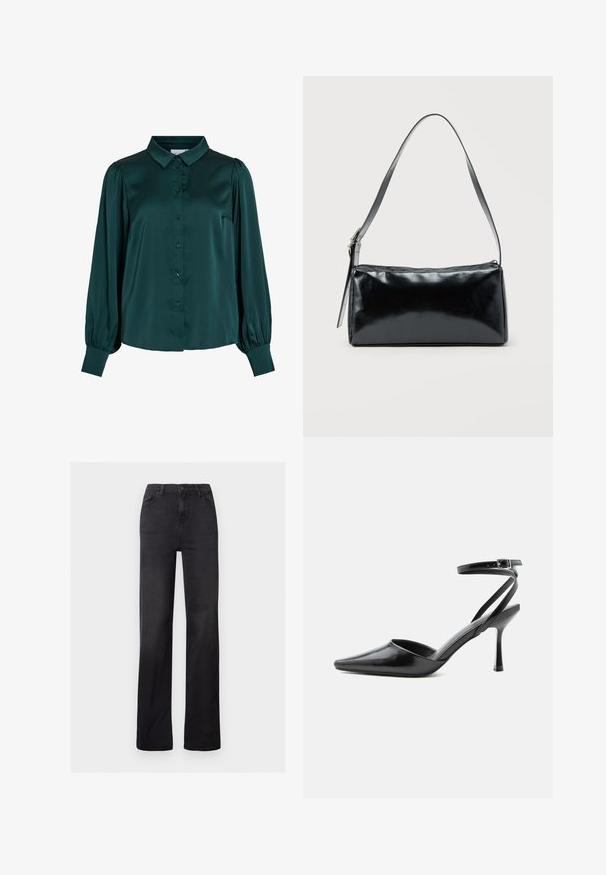 Dunkelgrüne Satinbluse mit kragen, Knöpfen auf der Vorderseite und puffärmeln. Sie hat eine glatte Textur und eine figurbetonte Silhouette.; Schwarze Denim-Jeans mit geradem Bein, hoher Taille, Fünf-Taschen-Design und sichtbaren Nähten. Glatte Textur mit leicht ausgeblichenem Finish.; Schwarzer spitzer High Heel mit dünnen Knöchelriemen und silberner Schnalle auf einfachem hellem Hintergrund.; Schwarze rechteckige Schultertasche mit einem verstellbaren Riemen und einem oberen Reißverschluss vor einfachem Hintergrund.