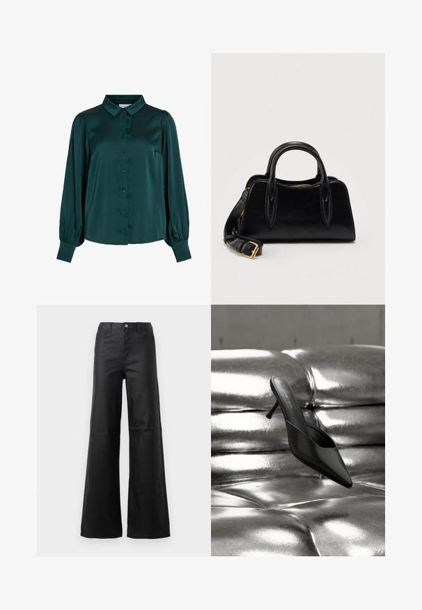 Mørkegrøn satinbluse med krave, frontknapper og puflange ærmer. Har en glat tekstur og en tætsiddende silhuet.; Sorte brede jeans lavet af glat denim, med knaplukning, forlommer og højtaljede design.; Sort mule med spids tå og slank hæl placeret på en skinnende, metallisk sølv polstret overflade.; Sort læderhåndtaske med dobbelt håndtag og aftagelig skulderrem med guldlås, sat mod en ensfarvet hvid baggrund.