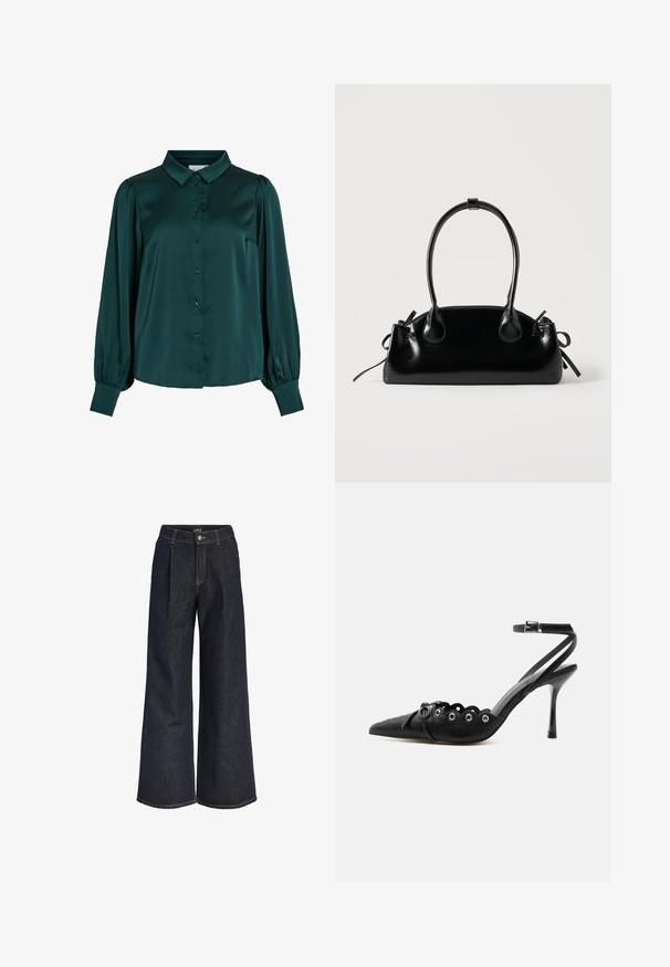 Mørkegrøn satinbluse med krave, frontknapper og puflange ærmer. Har en glat tekstur og en tætsiddende silhuet.; Mørkeblå vidde jeans i denim med plisseringer, knaplukning og bæltestropper, vist mod en hvid baggrund.; Sort spids hæl med bølgede kanter, metaløjer, snørelukning foran og ankelrem med spænde.; Lille sort blank håndtaske med to lange håndtag og snøre-detaljer i siden på en ensfarvet lys baggrund.